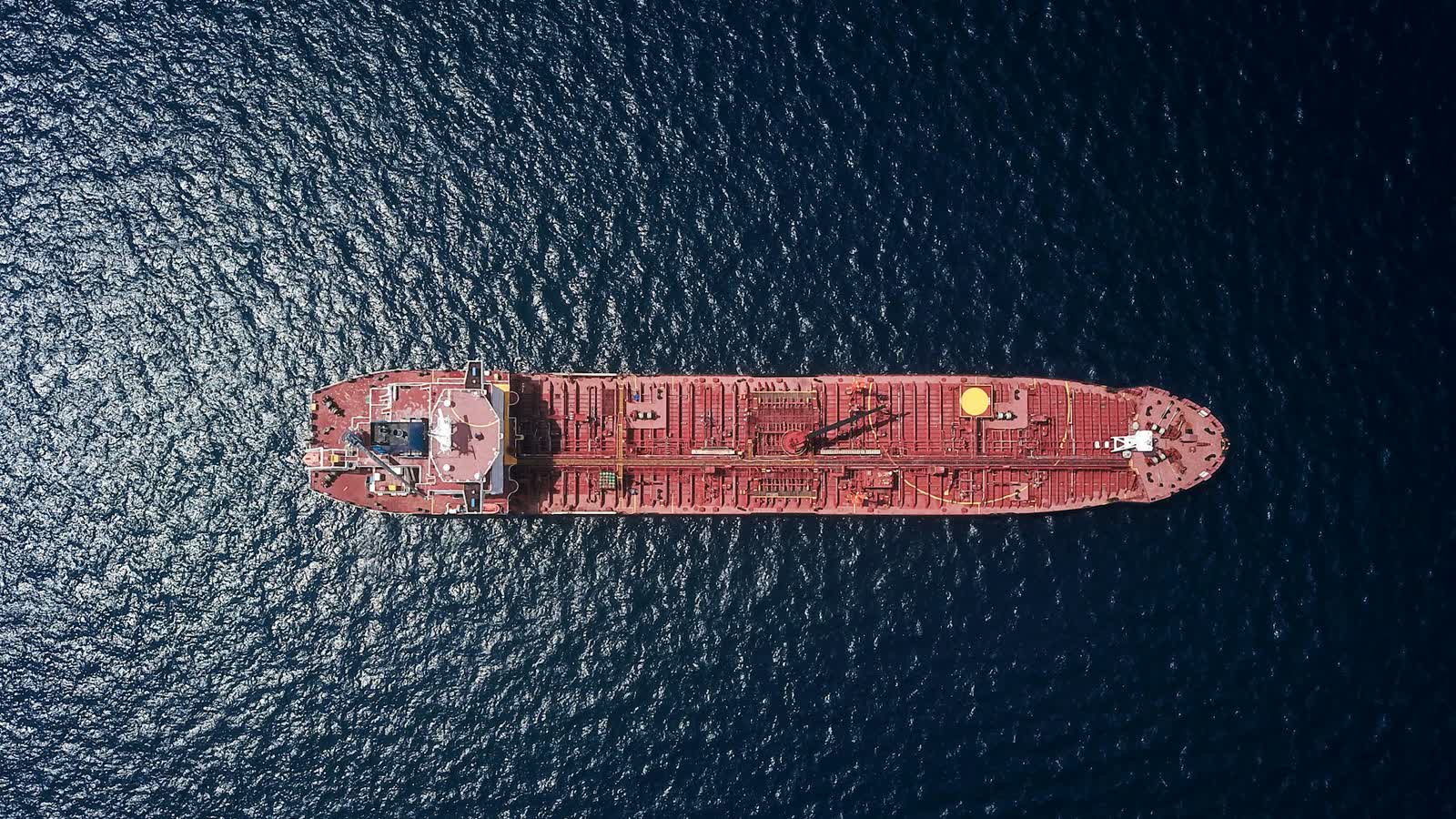 Aerial view of a loaded oil tanker