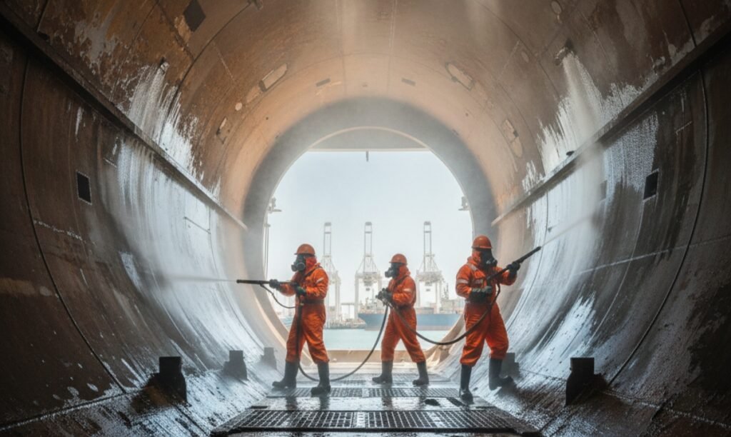 Bulk carrier hold cleaning in Mina Saqr Port ensures cargo safety